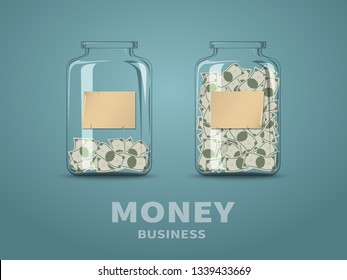 Different degree of money banknote in 2 glass bottles.
