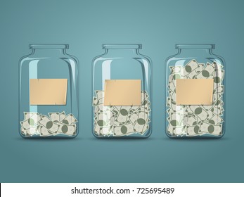 Different degree of money banknote in 3 glass bottles with blank label.Vector illustration for Business investments, insurance, savings and plans concept.