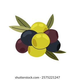 Different degrees ripeness olives with leaves. Marinated snack. Ingredients for cooking. Flat illustration on white background.