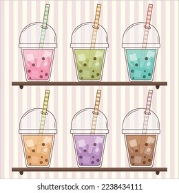 Las diferentes bebidas deliciosas y preciosas en el mostrador con fondo de papel pintado rosa