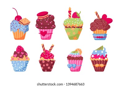 Different delicious muffins set vector illustration. Collection consists of tasty cupcakes with fruits candies festive candles flat style design. Date of birth and holidays concept. Isolated on white