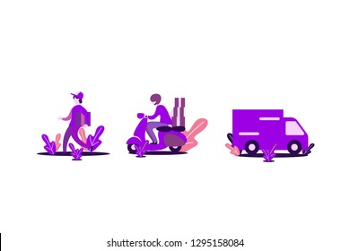 Different Delivery Service male Workers set, flat isometric Couriers Delivering Packages And Movers Bringing order Set Of Illustrations, suitable for landing page, presentation infographic templates
