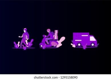 Different Delivery Service male Workers set, flat isometric Couriers Delivering Packages And Movers Bringing order Set Of Illustrations, suitable for landing page, presentation infographic templates