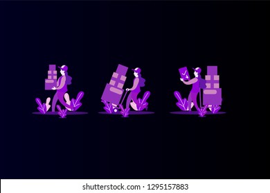 Different Delivery Service woman set, flat isometric Couriers Delivering Packages And Movers Bringing order Set Of Illustrations, suitable for landing page, presentation infographic templates