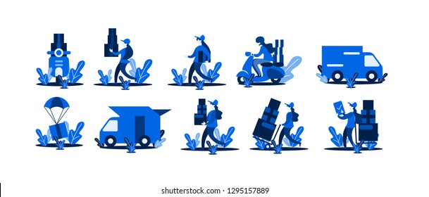 Different Delivery Service woman set, flat isometric Couriers Delivering Packages And Movers Bringing order Set Of Illustrations, suitable for landing page, presentation infographic templates