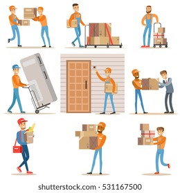 Different Delivery Service Workers And Clients, Smiling Couriers Delivering Food And Equipment From Shop And Mailmen Bringing Packages Set Of Illustrations