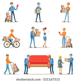 Different Delivery Service Workers And Clients, Smiling Couriers Delivering Packages And Movers Bringing Furniture Set Of Illustrations