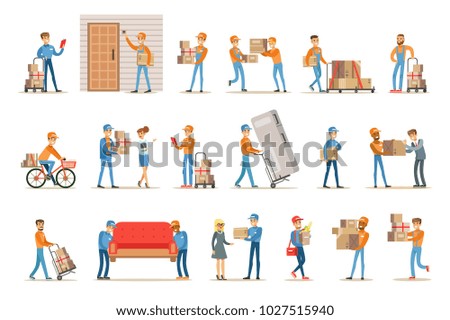 Different Delivery Service Workers And Clients, Smiling Couriers Delivering Packages And Movers Bringing Furniture Set Of Illustrations