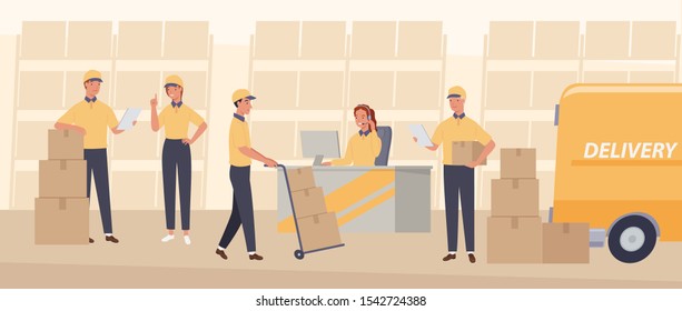 Different Delivery Service Workers. Package Mail Delivery Service. Vector illustration in a flat style