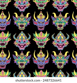 Different demon masks in Asian style seamless vector pattern.