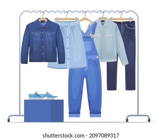 Different denim clothes and shoes hanging on rack vector flat illustration. Fashion wardrobe apparel male and female clothing at home or showroom isolated. Apparel and footwear storage organization