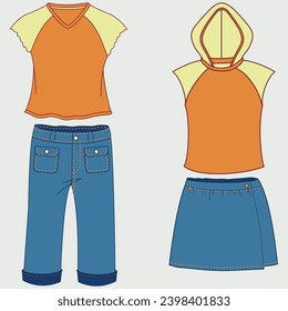 Different denim clothes and shoes hanging on rack vector flat illustration. Fashion wardrobe apparel male and female clothing at home or showroom isolated. Apparel and footwear storage organization