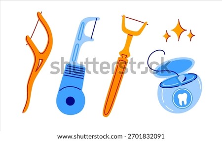 Different dental floss types set. Oral hygiene and interdental cleaning concept. Hand drawn vector isolated illustration.