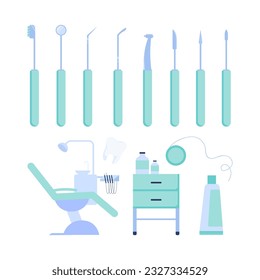 Different dental service instruments vector illustrations set. Dentist equipment or tools, dental chair, floss, toothpaste, mouth mirror, brush, excavators. Dentistry, dental care, healthcare concept