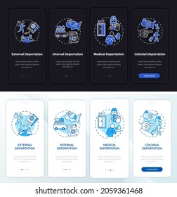 Different deportation onboarding mobile app page screen. Immigration problems walkthrough 4 steps graphic instructions with concepts. UI, UX, GUI vector template with night and day mode illustrations