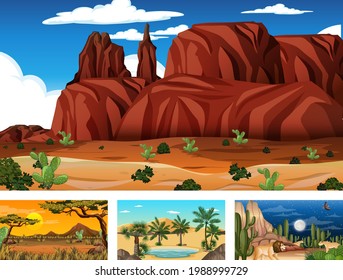 Different desert forest landscape scenes with animals and plants illustration