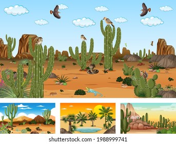 Diferentes paisajes forestales del desierto con ilustraciones de animales y plantas