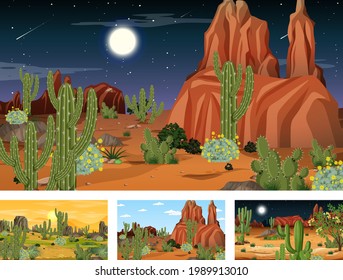 Different desert forest landscape scenes with various desert plants illustration