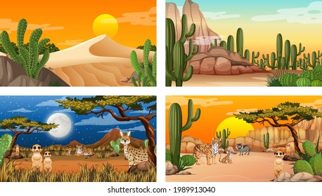 Different desert forest landscape scenes with animals and plants illustration