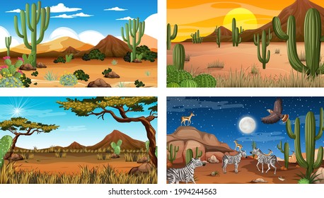 Diferentes paisajes forestales del desierto con ilustraciones de animales y plantas