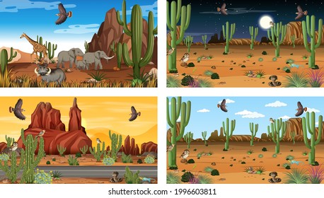 Different desert forest landscape scenes with animals and plants illustration