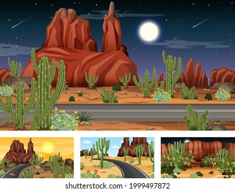 Different desert forest landscape scenes with various desert plants illustration