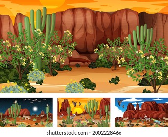 Different desert forest landscape scenes with animals and plants illustration