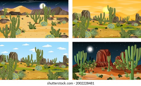 Different desert forest landscape scenes with various desert plants illustration