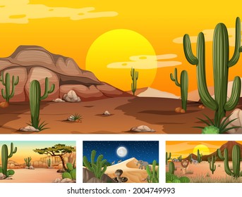 Different desert forest landscape scenes with animals and plants illustration