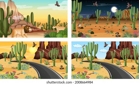 Different desert forest landscape scenes with animals and plants illustration