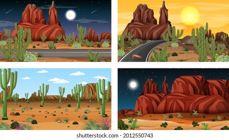 Different desert forest landscape scenes with various desert plants illustration
