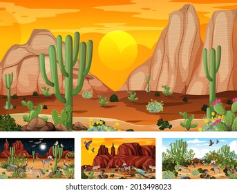Different desert forest landscape scenes with animals and plants illustration