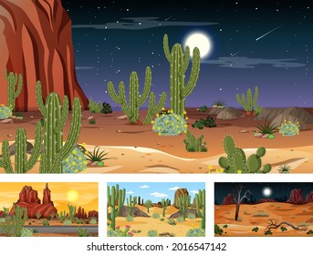 Verschiedene Szenen der Wüstenlandschaft mit verschiedenen Wüstenpflanzen Illustration