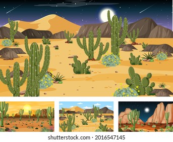 Different desert forest landscape scenes with various desert plants illustration