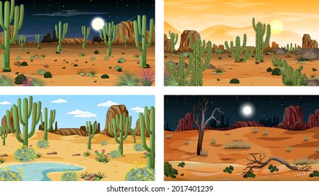 Different desert forest landscape scenes with various desert plants illustration