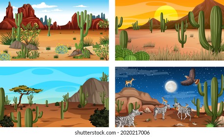 Different desert forest landscape scenes with animals and plants illustration