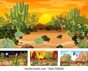 Different desert forest landscape scenes with animals and plants illustration