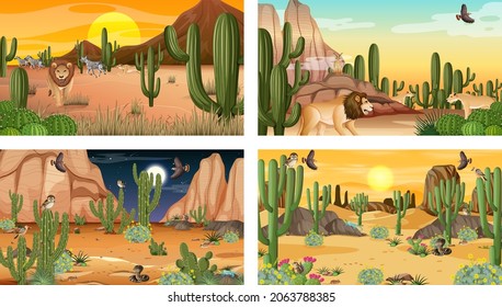 Different desert forest landscape scenes with animals and plants illustration
