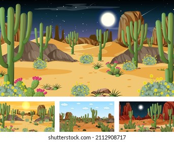 Distintas escenas del paisaje forestal del desierto con diversas plantas del desierto