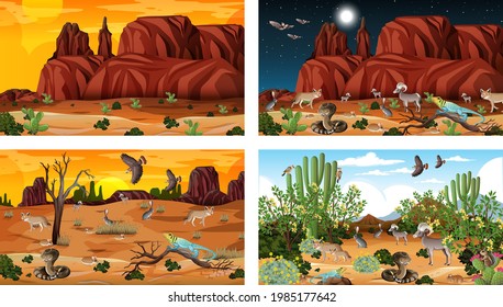 Different desert forest scenes with animals and plants illustration