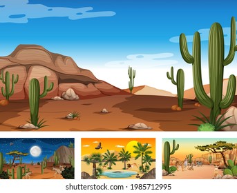 Different desert forest scenes with animals and plants illustration