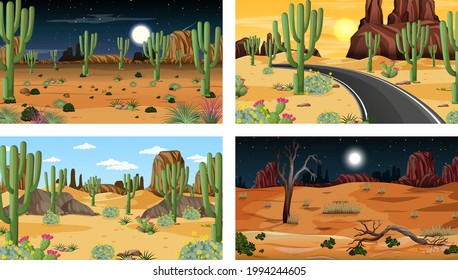Different desert forest scenes with animals and plants illustration