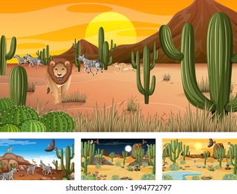 Different desert forest scenes with animals and plants illustration