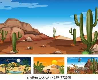 Different desert forest scenes with animals and plants illustration
