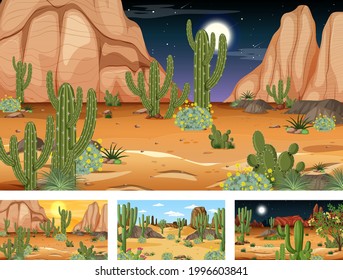 Different desert forest scenes with animals and plants illustration