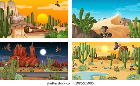 Different desert forest scenes with animals and plants illustration