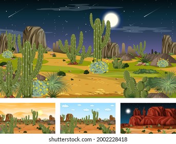 Different desert forest scenes with animals and plants illustration