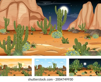 Different desert forest scenes with animals and plants illustration