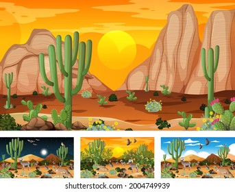 Different desert forest scenes with animals and plants illustration