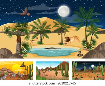 Different desert forest scenes with animals and plants illustration